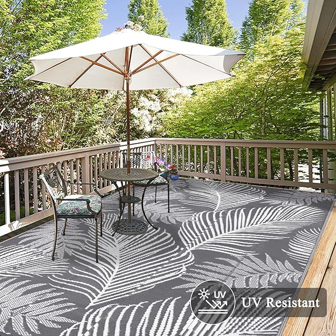 Pauwer Waterproof Outdoor Rug 9x12, Reversible Plastic Straw Patio Camping Rug, Indoor Outdoor RV Mat Carpet for Deck, Camper, Porch, Balcony, Backyard, Picnic, Leaf Grey