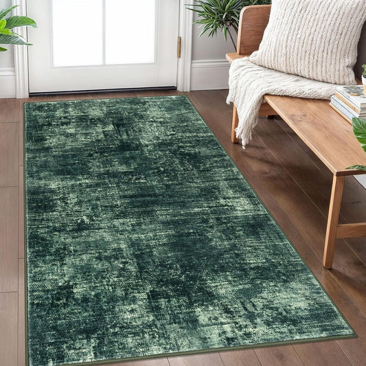 IOHOUZE Abstract Area Rug 3x5 Ft Washable Rugs for Entryway Indoor, Non Slip Kitchen Rug Printed Faux Wool Throw Rugs, Indoor Door Mat for Door Entrance Foyer Living Room, Dark Green
