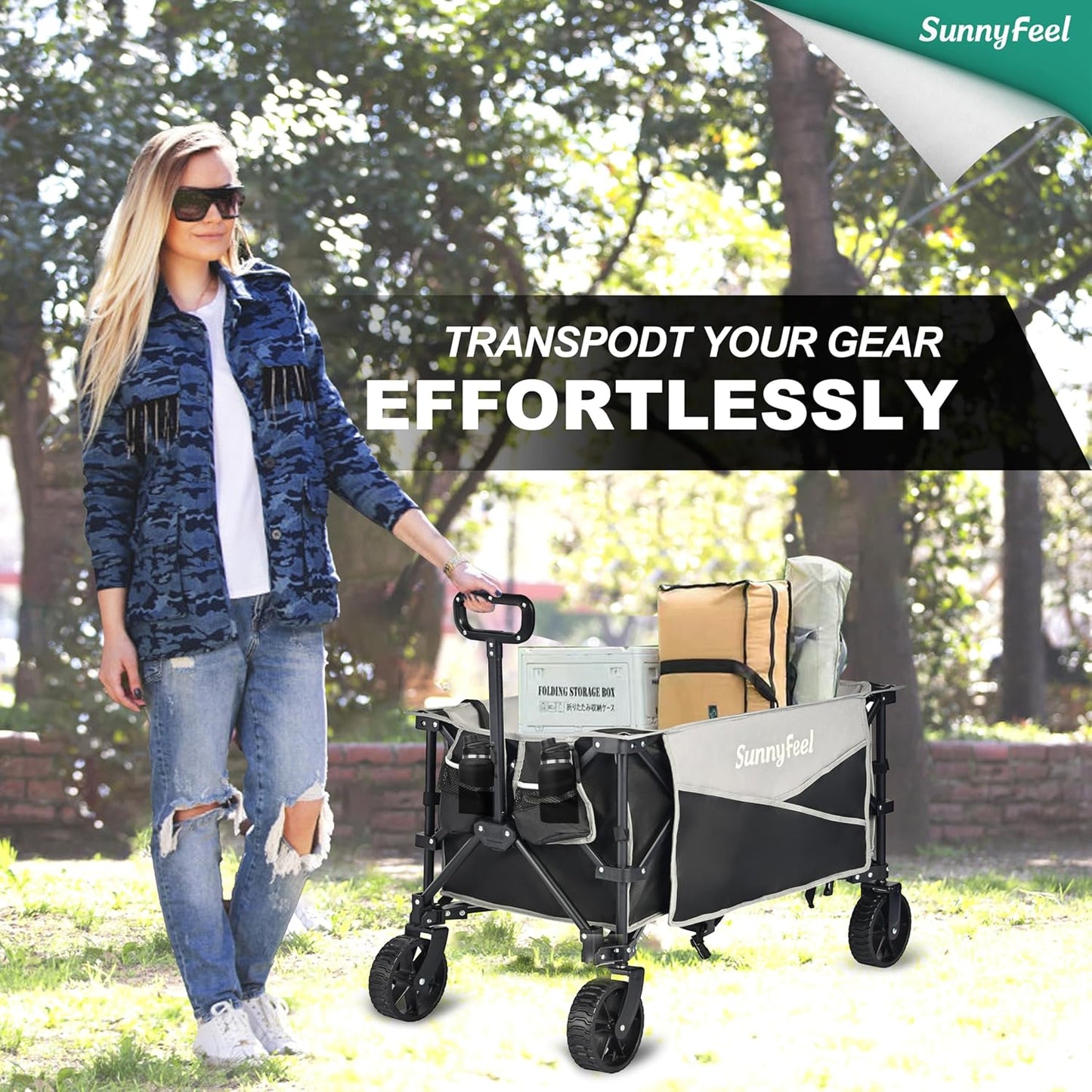 SunnyFeel Heavy Duty Collapsible Outdoor Utility Wagon Cart 400LB Capacity Adjustable Handlebar,Foldable Beach Wheels Stable Durable Oxford Fabric for Shopping Garden Camping (Black & Grey)