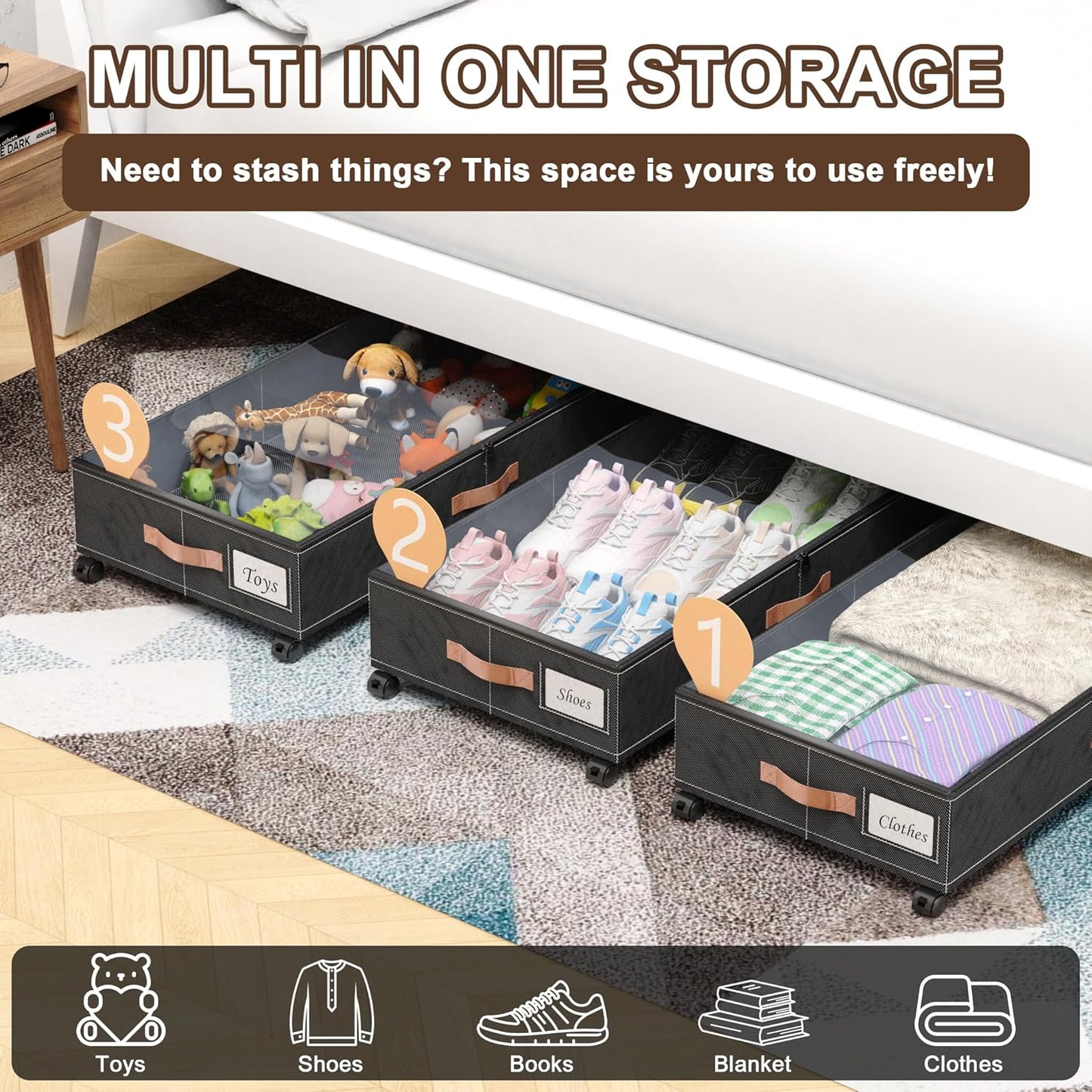 Under Bed Storage with Wheels, 2-Pack Under Bed Storage Containers with Clear Lids, XXL 65L Under the bed storage Organizer Bins, Rolling Under Bed Metal Drawer for Clothes,Shoes,Toys (Black, 2-Pack)