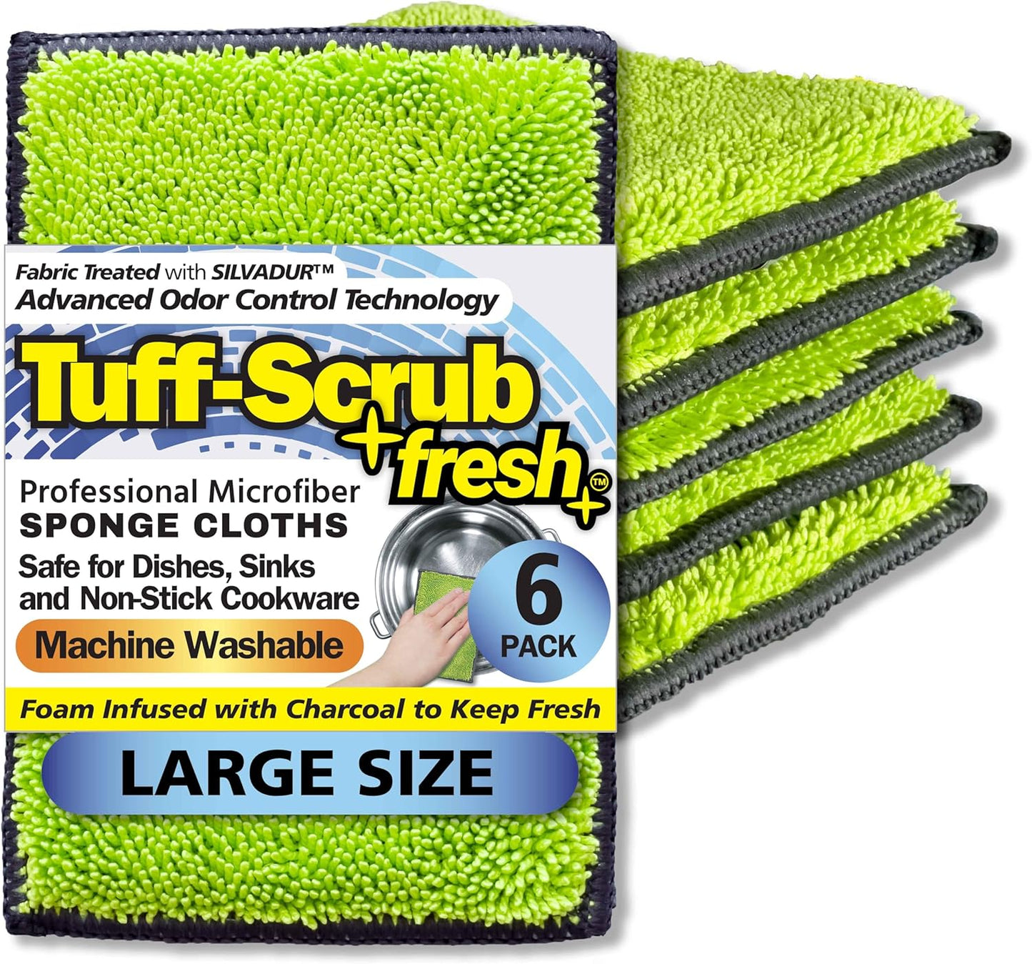 Fresh Tuff-Scrub, Large, 6-Pack Scrub-N-Wipe Sponge Cloth with Silvadur Antimicrobial for Odor Control, Microfiber, Multi-Surface, Non-Scratch, Dual-Sided, Machine Washable, Durable Kitchen Sponge