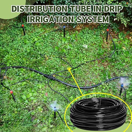 100FT 1/4 Inch Drip Irrigation kit Tubing Distribution Hose Tube for Garden Drip Irrigation System (Includes 2 Pack 6-Way Connector and 20pcs 1/4" Tee Splitters and End Plugs)