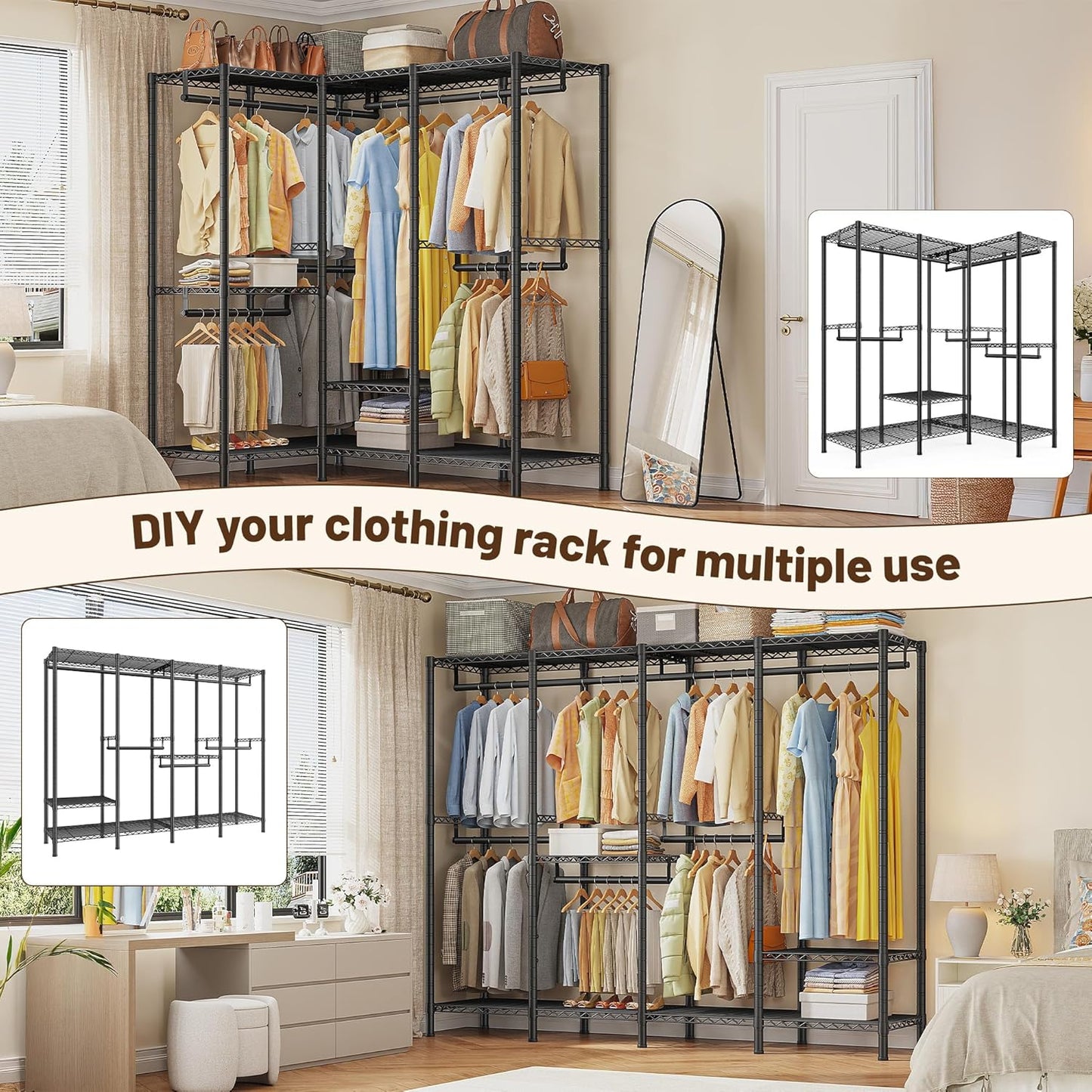 Raybee Clothes Rack Heavy Duty 1100 LBS Capacity Clothing Racks for Hanging Clothes Adjustable Garment Rack,17.7" D x 75.8" W x 76.9" H Black