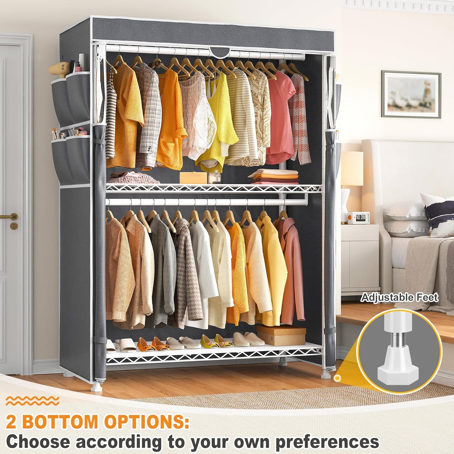 Raybee Heavy Duty Clothes Rack with Cover, 81" H Clothing Racks for Hanging Clothes, Portable with Wheels and Adjustable Feet, Max Load 440LBS, White