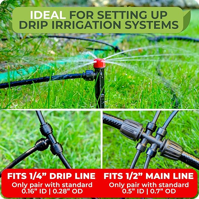Carpathen Drip Irrigation Fittings Pack - Push-to-Connect Irrigation System Compatible - 3 x 4Way Coupler 1/2" to 1/4", 3 x 3 Way Tee T Shape Barbed 1/4 Drip Tubing Splitter, 5 x 1/4 End Plugs