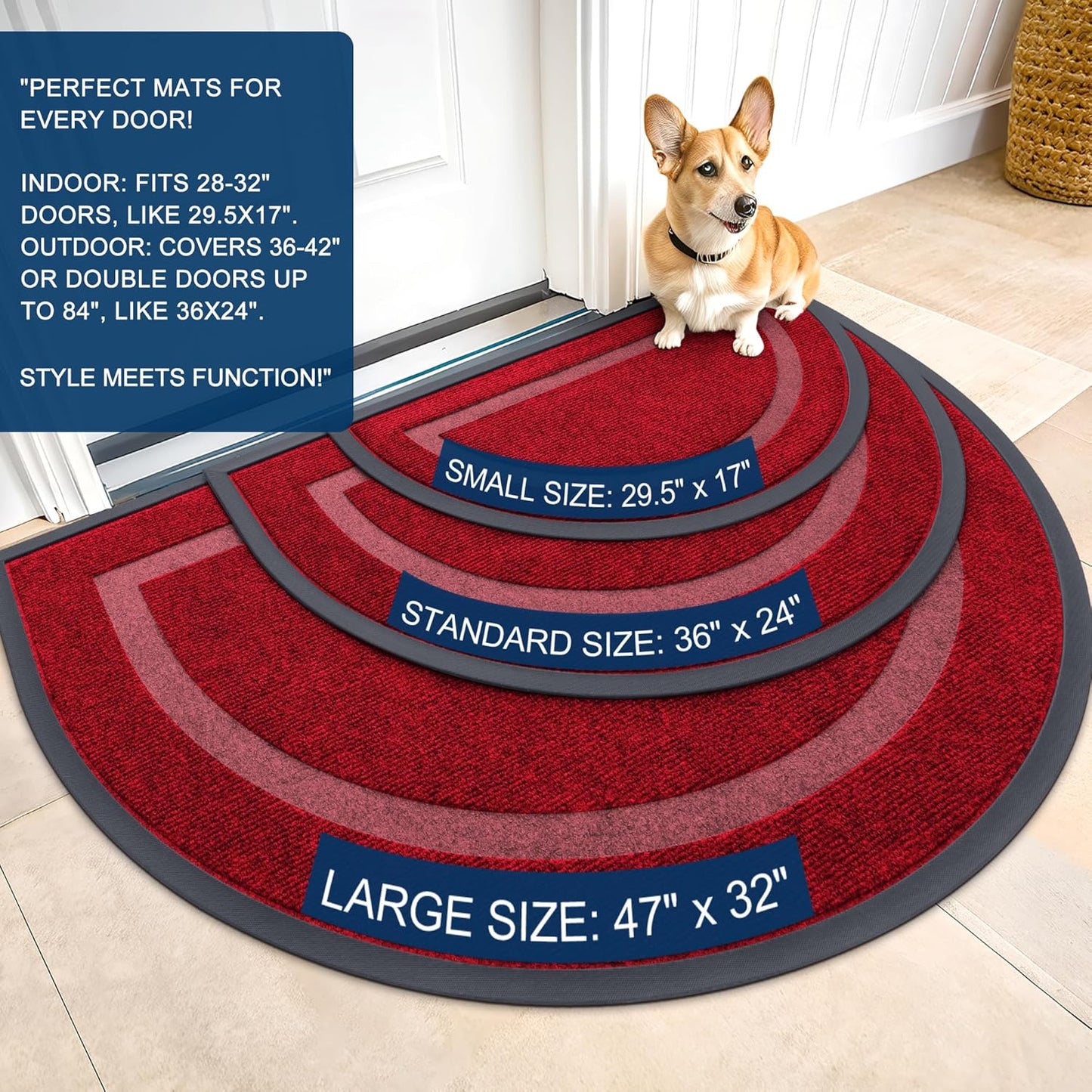 OLANLY Half Circle Door Mat Indoor Outdoor Entrance Welcome, Waterproof All-Season, All-Weather Doormat, Sturdy Natural Rubber, Low Profile, Easy Clean Patio Porch Entryway Mat, 47x23, Wine Red