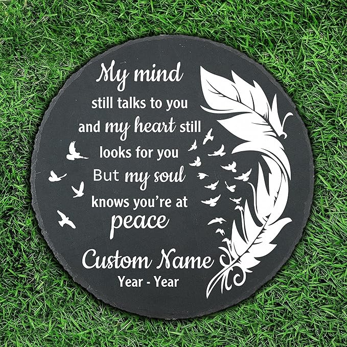 Slate Memorial Garden Stone Personalized, Stepping Stones Memorial Gifts for Loss of Loved One, in Loving Memory, Sympathy Stone, Memorial Plaque, My Mind Still Talks to You TNP42 (2, Round)