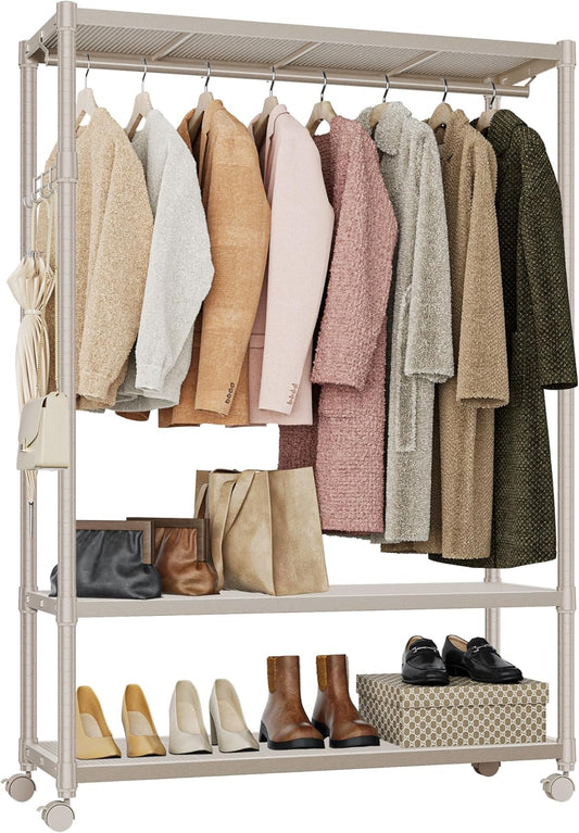 IZEUK Heavy Duty Rolling Garment Rack Wire Clothes Rack for Hanging Clothes, Metal Freestanding Closet Wardrobe Rack with Double Rods and Side Hooks Gold 17.7" D x 45.3" W x 70.3" H