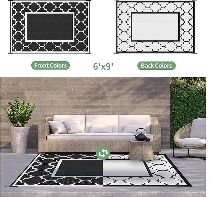 GENIMO 6' x 9' Outdoor Rug Waterproof for Patio Decor, Foldable Reversible Plastic Straw Area Rugs Mat for Camper, Morden Carpet for Outside, Rv, Deck, Porch, Picnic, Beach, Balcony, Black & White