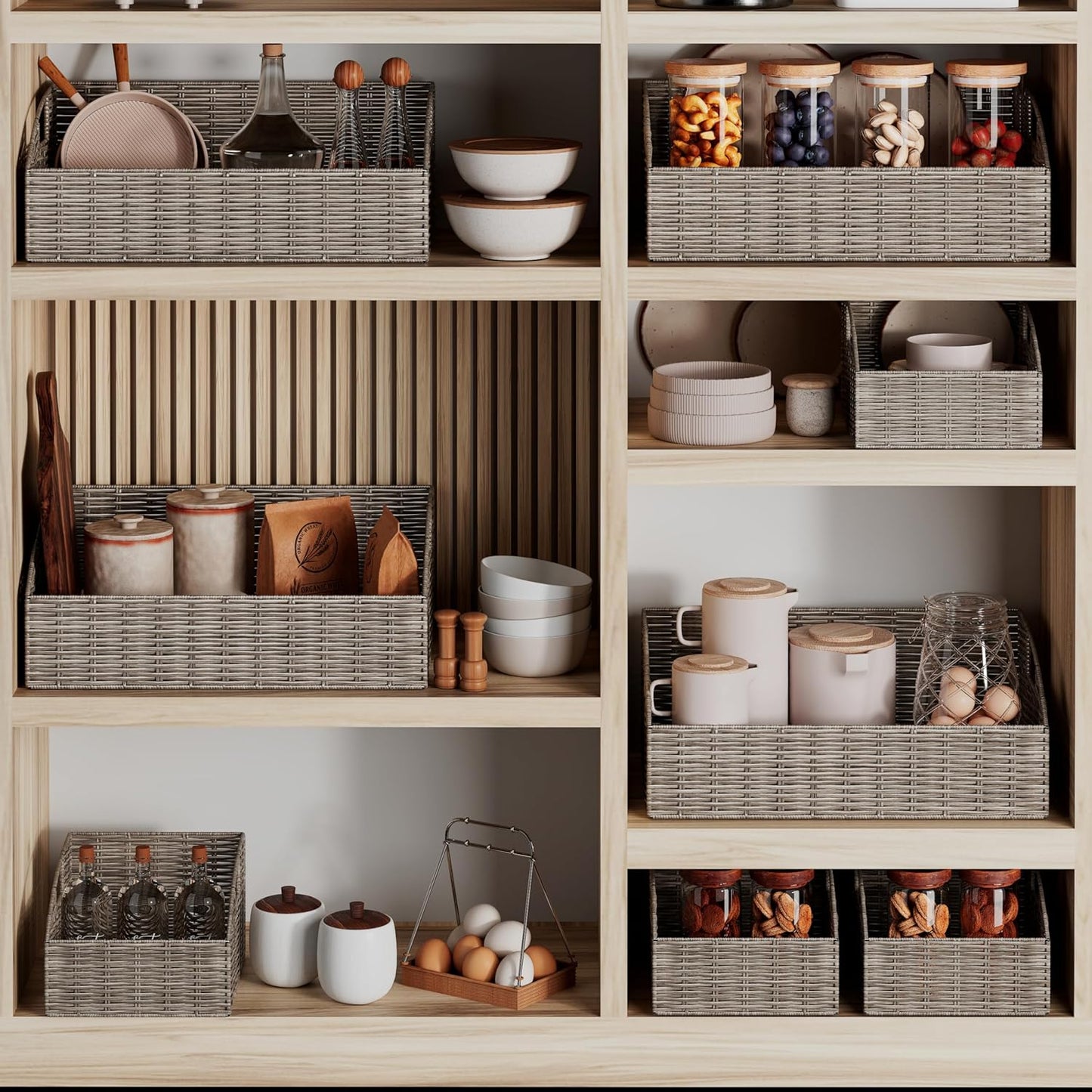 Ollieroo Rattan Storage Baskets, Handwoven Wicker Storage Bins with Built-in Handles, Storage Container Baskets for Shelves, Bedroom, Bathroom, Laundry Room or Kitchen(Grey)