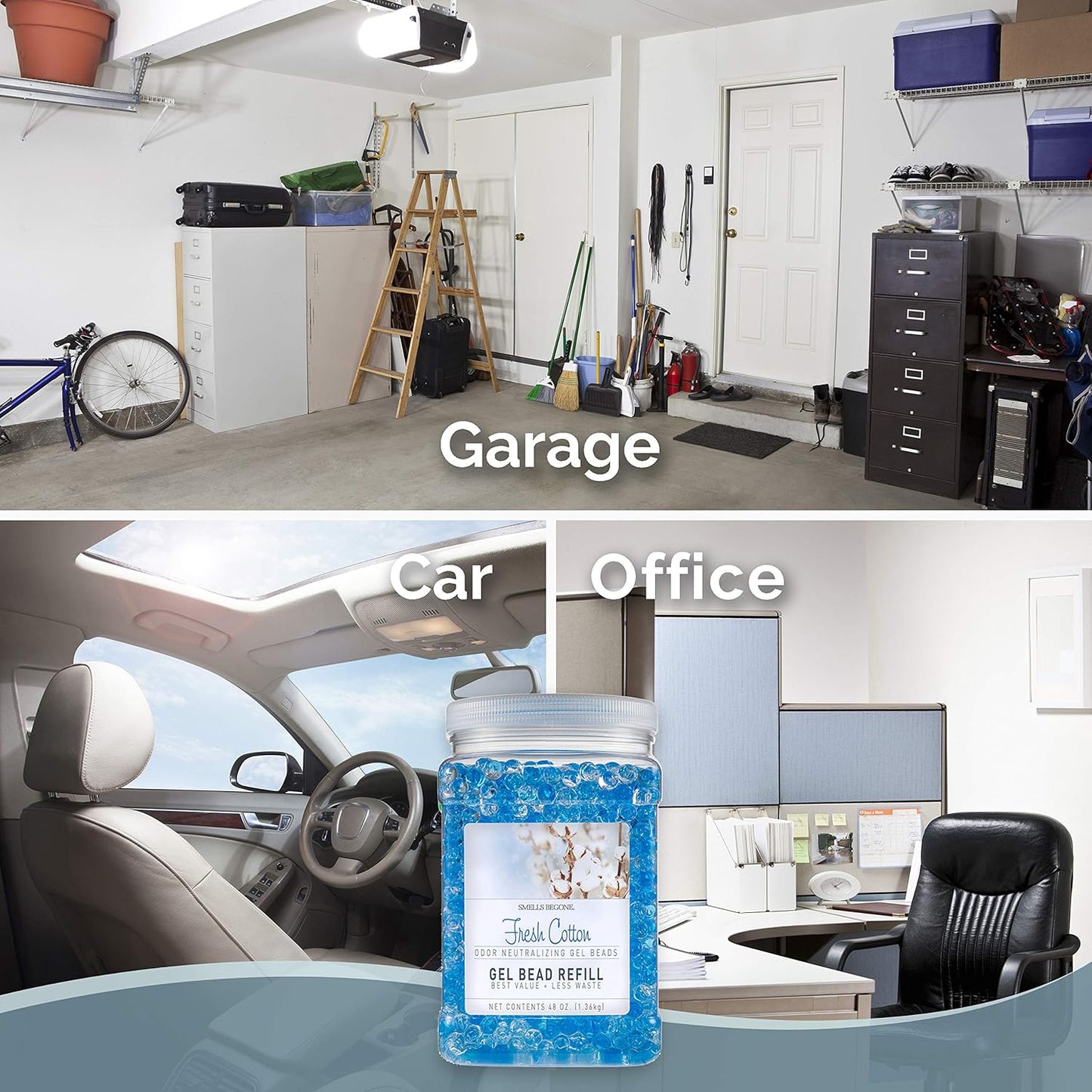 SMELLS BEGONE Odor Eliminator Gel Bead Value Pack - 72 oz - Air Freshener - Made with Essential Oils - Eliminates Odors in Bathrooms, Pet Areas, Cars, & Boats - Fresh Cotton Scent