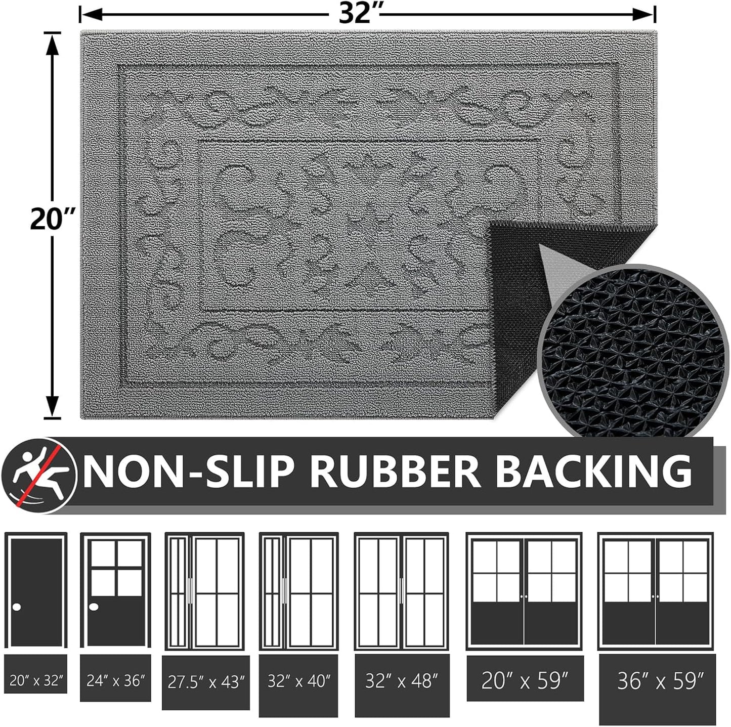 FONEYI Indoor Door Mat 20" x 32", Dirt Trapper Door Mats Non-Slip Entryway Rugs Washable, Absorbent Resist Dirt Welcome Mat, Low Profile Inside Floor Mats for Front Back Door and Entryway, Light Grey