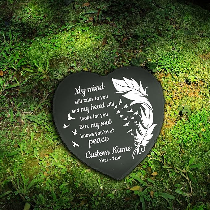 Slate Memorial Garden Stone Personalized, Stepping Stones Memorial Gifts for Loss of Loved One, in Loving Memory, Sympathy Stone, Memorial Plaque, My Mind Still Talks to You TNP42 (2, Heart)