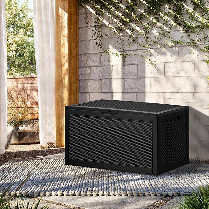 100 Gallon Resin Deck Box, Waterproof Outdoor Storage Bin for Patio Furniture, Pool Accessories, and Garden Tools, Lockable & UV-Resistant, Black