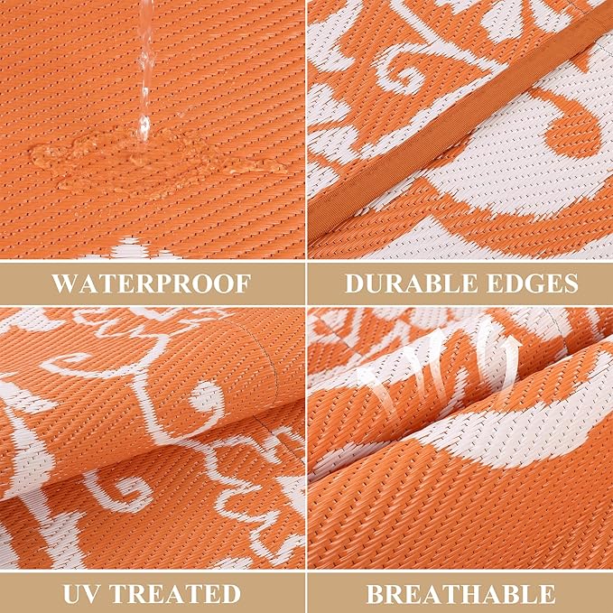 Pauwer Waterproof Outdoor Rug 8x10, Reversible Plastic Straw Patio Camping Rug, Indoor Outdoor RV Mat Carpet for Deck, Camper, Porch, Balcony, Backyard, Picnic, Boho Orange