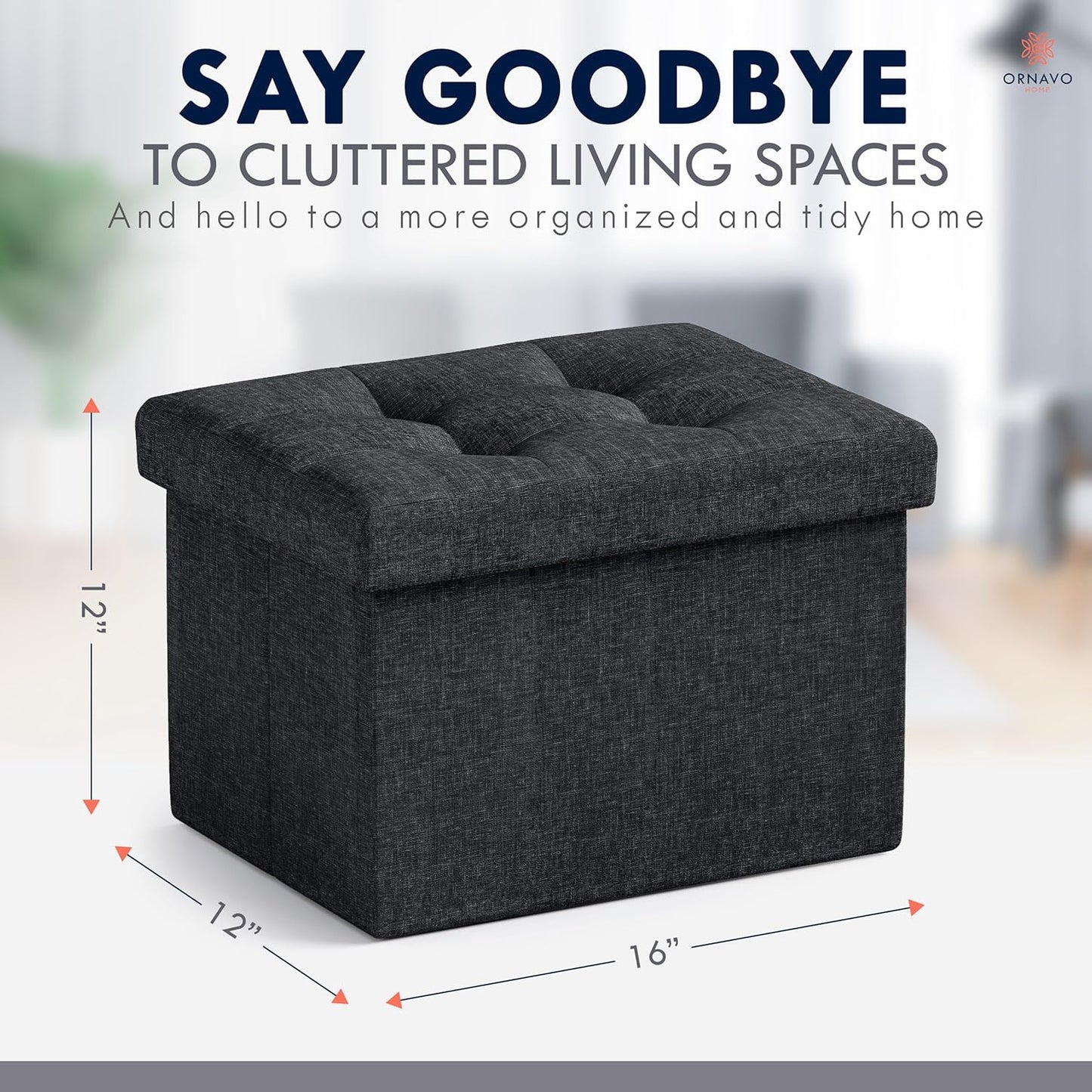 Ornavo Home Small Storage Ottoman Foldable Collapsible Rectangle Linen Ottoman Foot Rest Stool Seat, for Living Room, Bedroom, Home Office, Dorm - 12 x 16 x 12, Black