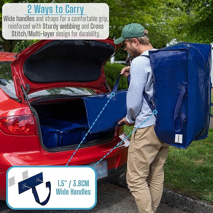 VENO 6 Pack Moving Bags w/Backpack Straps, Heavy Duty, Moving Boxes Alternative, Packing Supplies, Large Storage Totes for Dorm Room Essentials with Zipper for Clothes (Blue, 6 Pack)