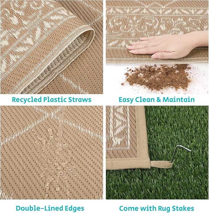 HEBE Outdoor Rug Waterproof 6x9, Plastic Straw Rug Camping Rug, Reversible Outdoor Patio Rugs RV Mat Clearance, Indoor Outside Floor Carpet for Porch,Deck,Camper,Balcony,Backyard