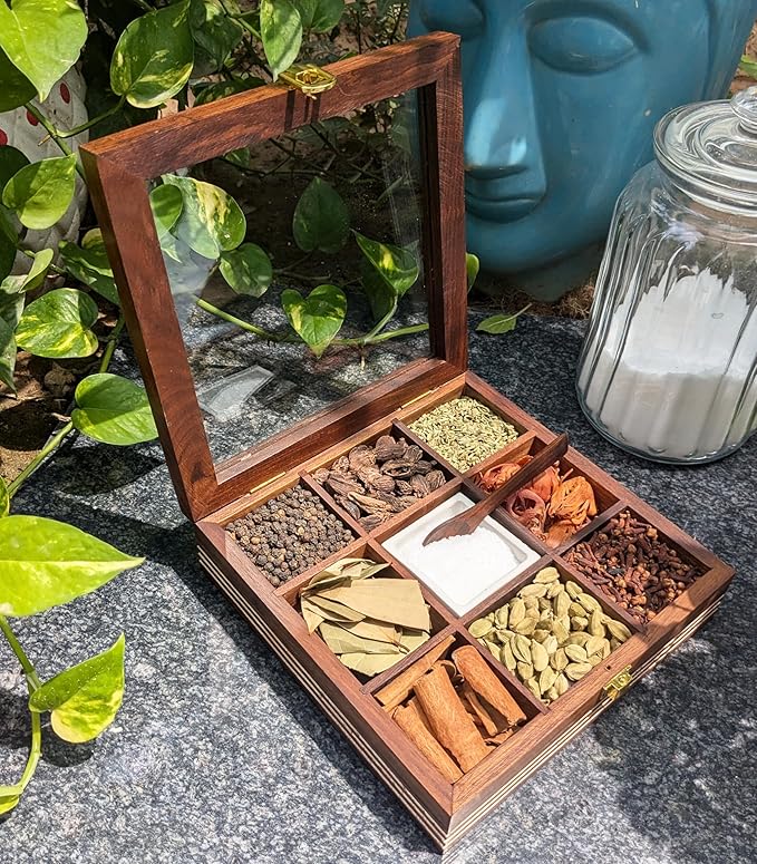 Wooden Spice Box with lid and Spoon - 9 spice compartments including with 1 removable Ceramic Container Good for Storing Salt - Tabletop Kitchen Spice Organizer for Masala and Herbs
