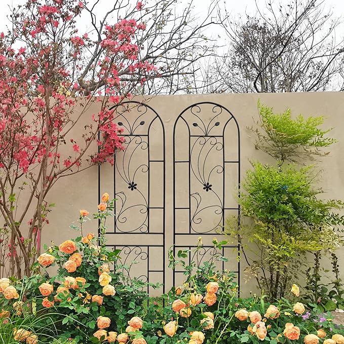 Metal Garden Trellis Rustproof Trellis for Climbing Plants Outdoor Flower Support Peacock Style (Black-2 Pack, 86.7"x19.7")