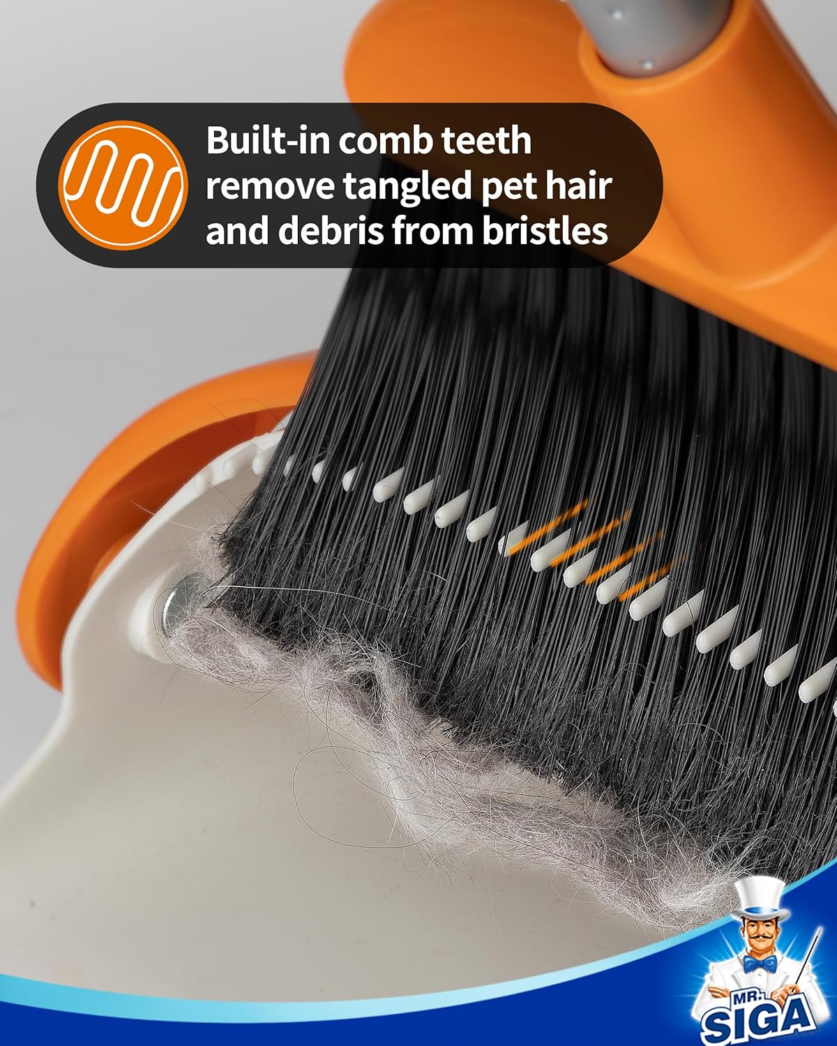 MR.SIGA Broom and Dustpan Set with Long Handle, Stand Upright Broom with Dustpan Combo for Cleaning Office, Garage, Lobby, Lightweight Sweeping Set, 51.7"(131 cm) Long Handle, White & Orange