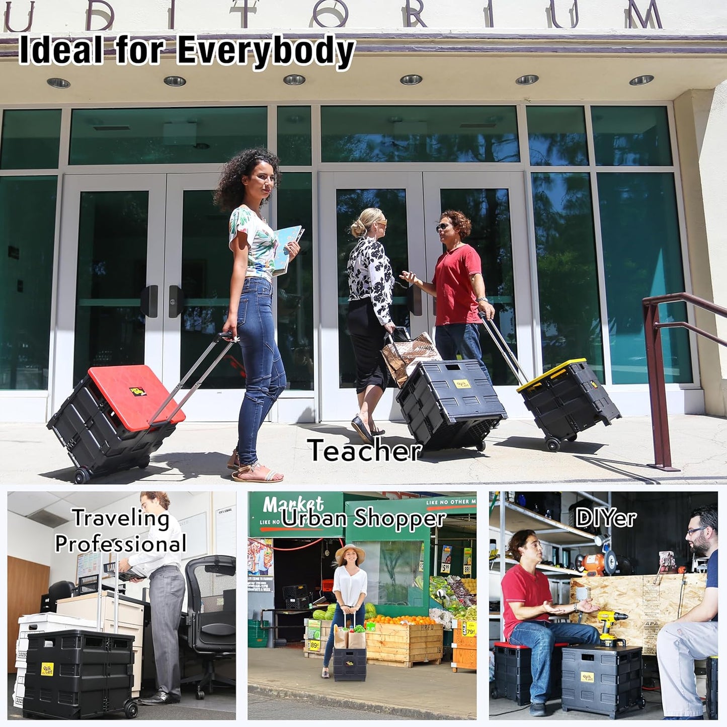 dbest products Quik Cart Collapsible Rolling Crate on Wheels for Teachers Tote Basket 80 lbs Capacity, Made from Heavy Duty Plastic Used as a Seat, Black