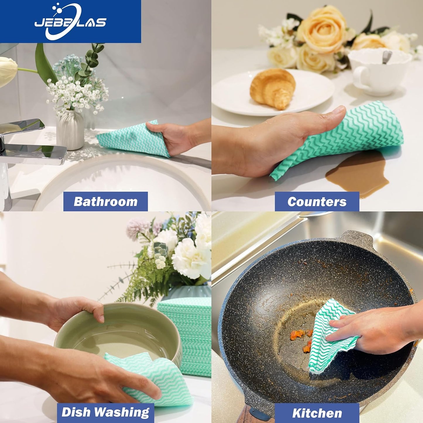 JEBBLAS Handi Wipes Reusable Cloths Dry Cleaning Cloths Dish Towel Kitchen Towel Handy Cleaning Wipes,Pack of 50, Green