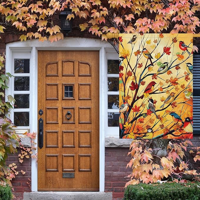 Louise Maelys Welcome Fall Garden House Flag 28x40 Inch Double Sided, Autumn Maple Tree Birds Large Burlap Garden Flag Fall Thanksgiving Outside Outdoor House Yard Decor (Only Flag)