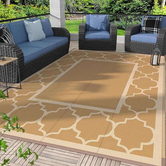 GENIMO 6' x 9' Outdoor Rug Waterproof for Patio Decor, Foldable Reversible Plastic Straw Area Rugs Mat for Camper, Outside Carpet for Rv, Deck, Porch, Picnic, Beach, Balcony, Brown & Beige