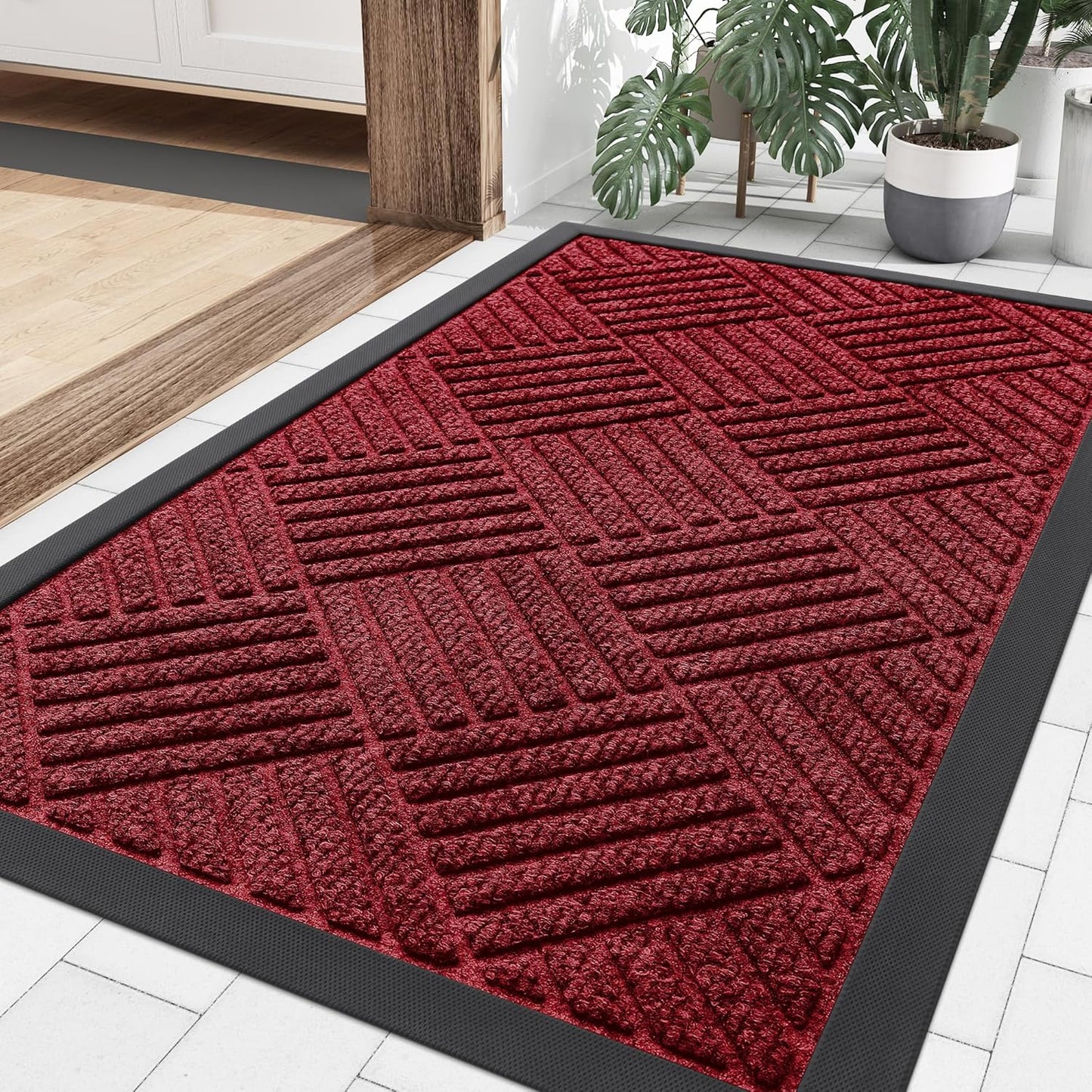 Smiry Front Door Mat Outside Entrance, Heavy Duty Outdoor Indoor Natural Rubber Doormat, Non Slip, Trap Dirt and Moisture, Easy Clean, Low Profile Patio Porch Entryway Mat, 29.5x17, Wine Red