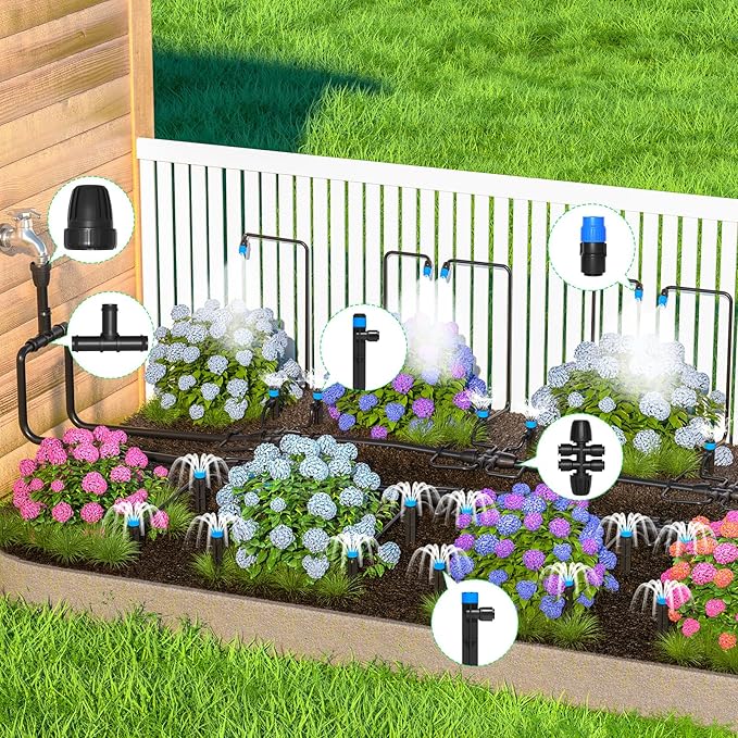 MIXC 247 FT Drip Irrigation System,Quick Connector Garden Watering System Automatic Sprinkler System Kit for Lawn Raised Bed Greenhouse Plant Watering System with 1/4'' Tubing,Drip Emitters,Connectors