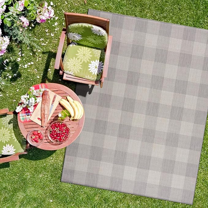 CAMILSON Outdoor Rug - Modern Area Rugs for Indoor and Outdoor Patios, Kitchen and Hallway mats - Easy Cleaning Non Shedding Washable Outside Carpet (5x7, Buffalo - Grey/White)