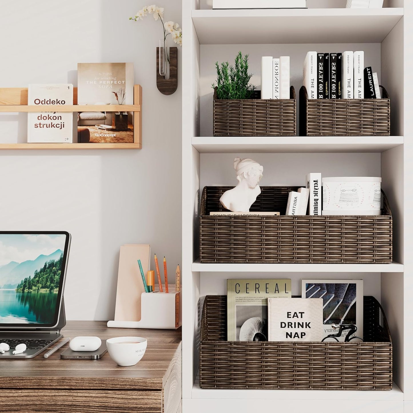 Ollieroo Rattan Storage Baskets, Handwoven Wicker Storage Bins with Built-in Handles, Storage Container Baskets for Shelves, Bedroom, Bathroom, Laundry Room or Kitchen(Brown)