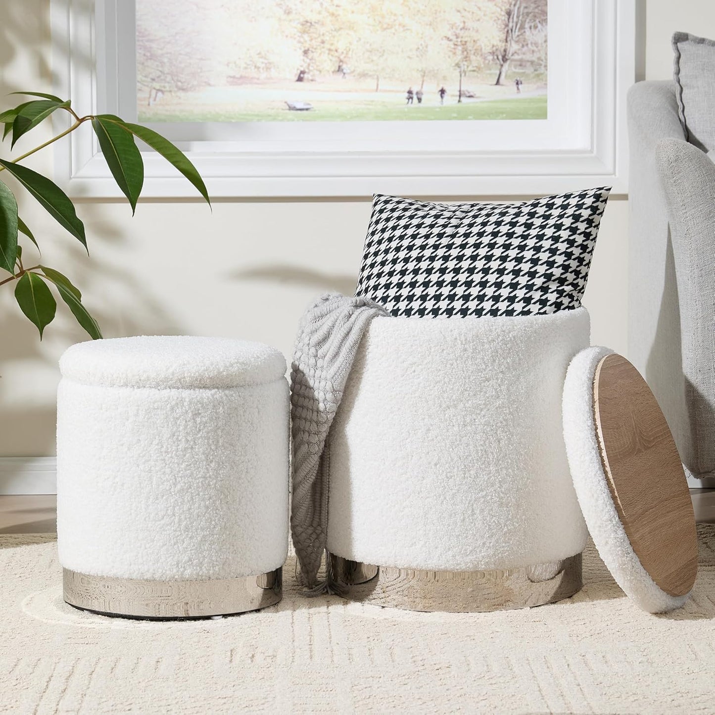 Royal Windsor Boucle Round Ottoman with Storage Set of 2, Vanity Stool with Storage for Bedroom, Ottoman Coffee Table Silver-Tone Ring Around The Base, Small Foot Stool for Living Room, White