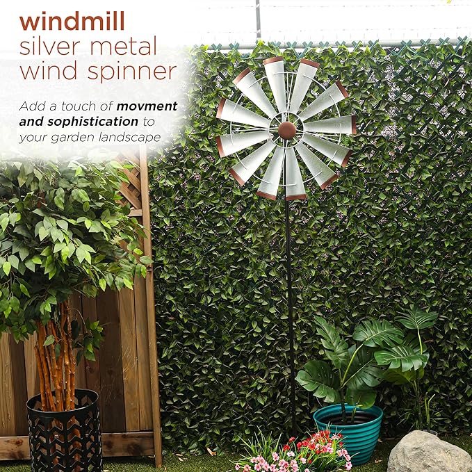 Alpine Corporation SLL2652SL 85" Metal Windmill Garden Stake, Large Outdoor Wind Spinner for Yard, Lawn, Patio, or Garden with Durable Iron Construction, Silver