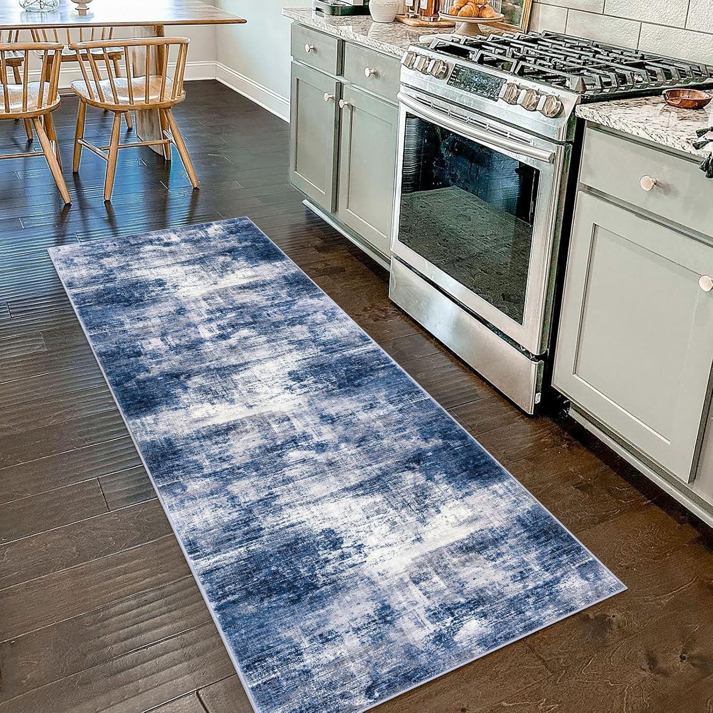 IOHOUZE Abstract Runner Rug 2x7 Ft Washable Runners for Hallways, Non Slip Kitchen Runner Printed Faux Wool Entryway Runners Indoor, Modern Abstract Floor Carpet for Hall Kitchen Bedroom, Navy/Grey
