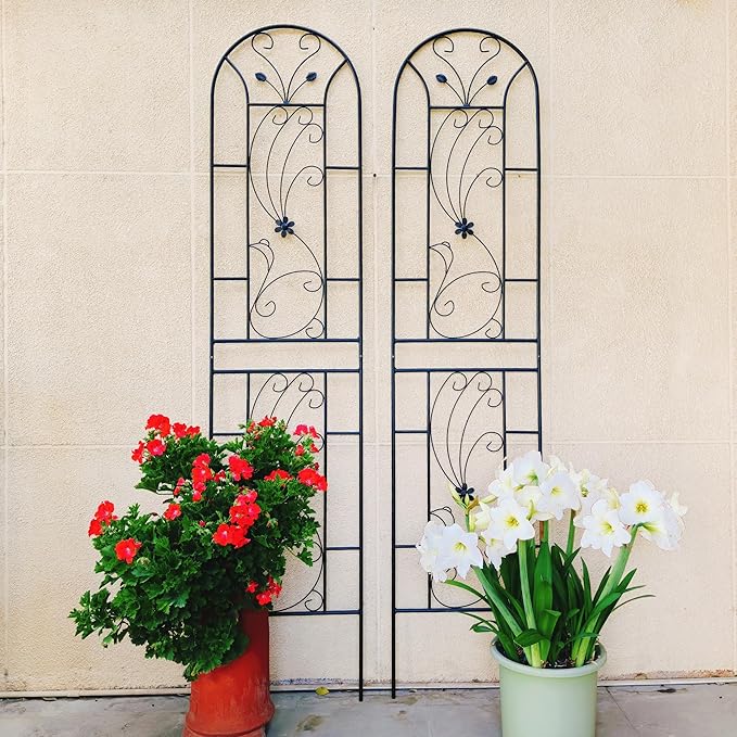 Metal Garden Trellis Rustproof Trellis for Climbing Plants Outdoor Flower Support Peacock Style (Black-2 Pack, 86.7"x19.7")