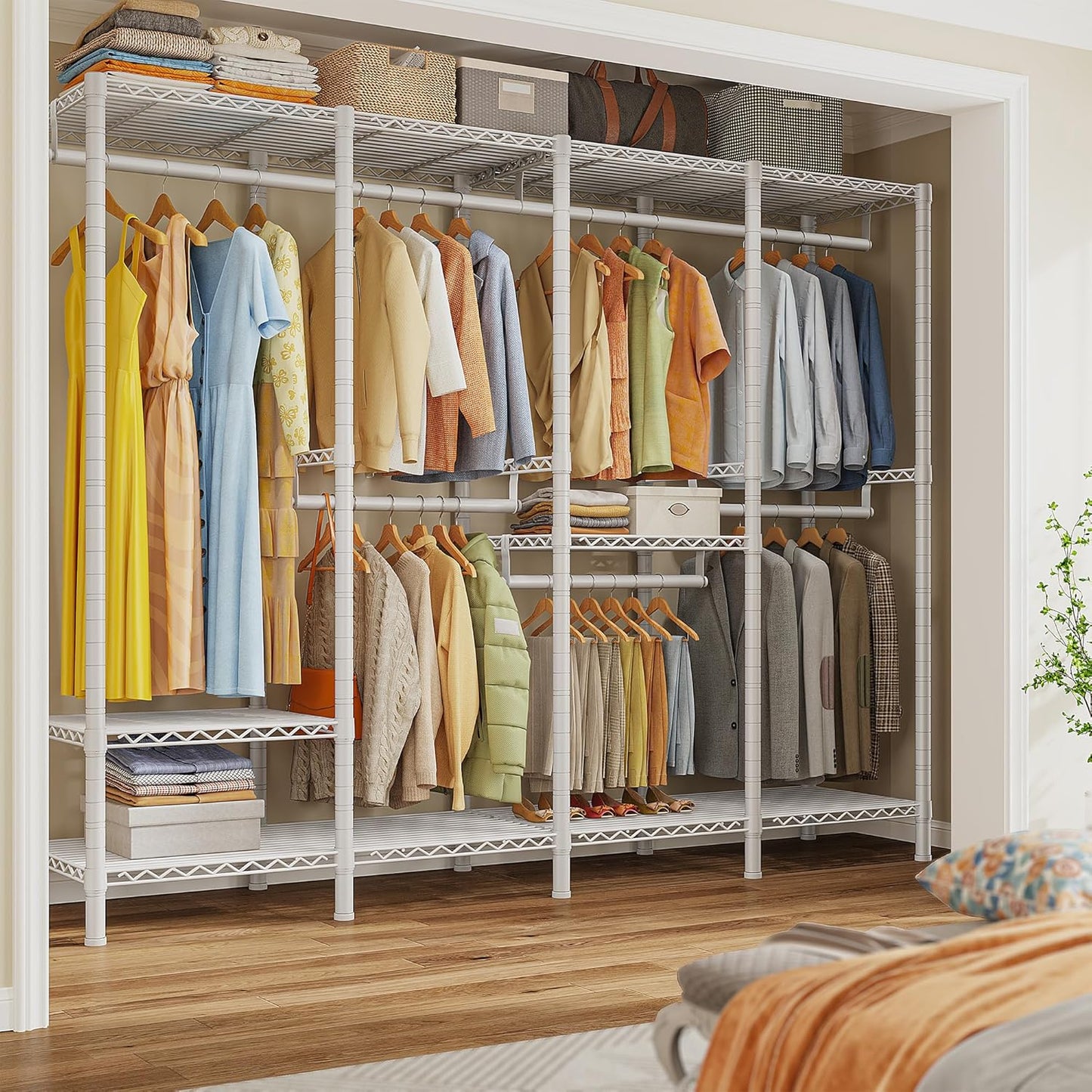 Raybee 76.9" H Clothes Rack Heavy Duty Loads 1100 LBS Metal Clothing Racks for Hanging Clothes Adjustable Garment Rack White,75.8" W*17.7" D*76.9" H