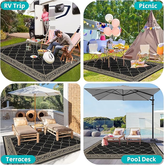 HEBE Outdoor Rug Waterproof 8x10, Reversible Plastic Straw Rug RV Camping Rug, Indoor Outdoor Patio Mat Clearance, Outside Carpet for Porch,Deck,Camper,Balcony,Backyard,Picnic