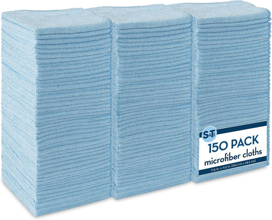 S&T INC. 150 Pack Microfiber Cleaning Cloth, Bulk Towels for Home, Reusable Microfiber Towels for Cars, Cleaning Rags, Light Blue, 11.5 Inches x 11.5 Inches, 150 Count