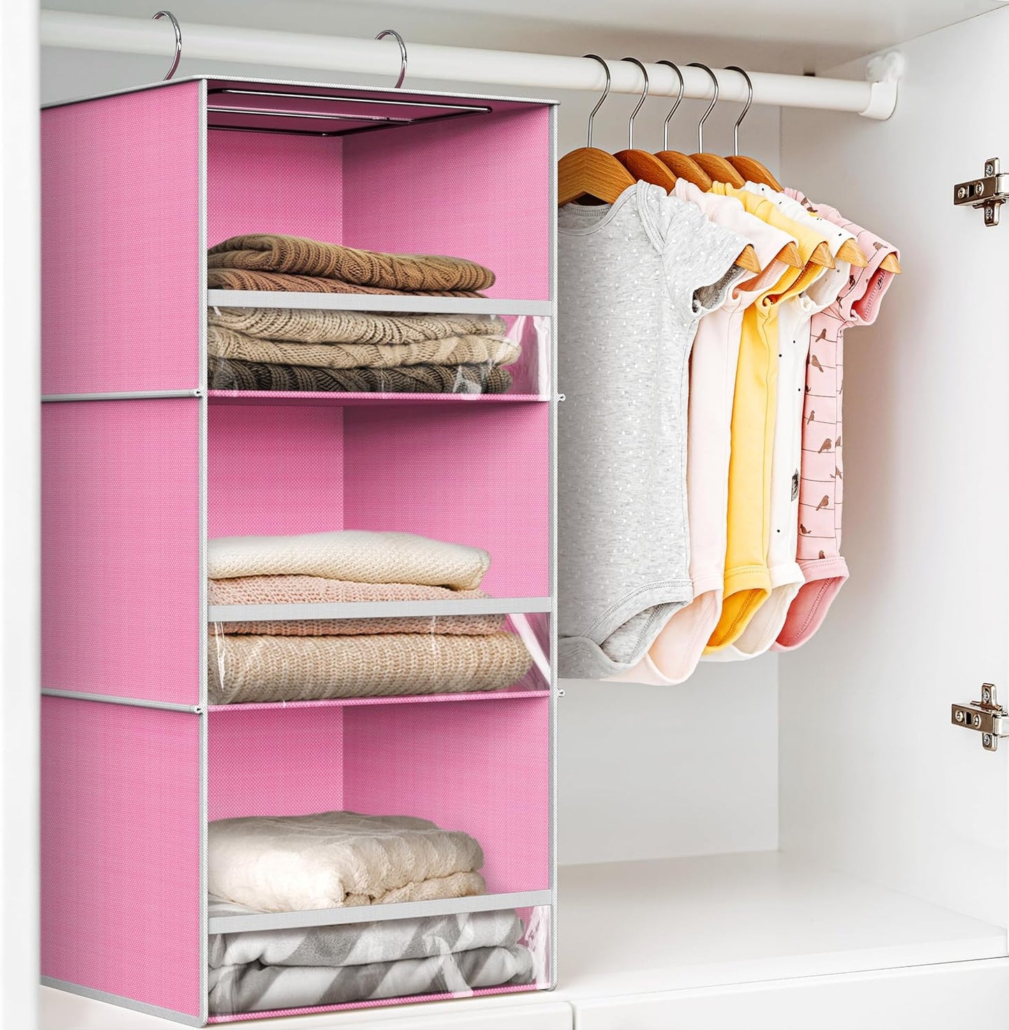Simple Houseware 3 Shelf Hanging Closet Organizer with Front Stopper, Pink