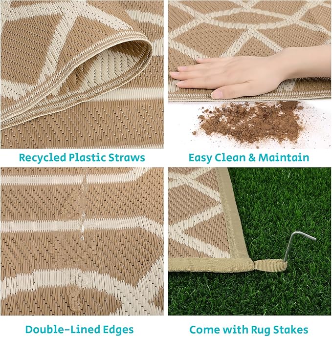 HEBE Outdoor Rug Waterproof 8x10, Reversible Plastic Straw Rug RV Camping Rug, Indoor Outdoor Patio Mat Clearance, Outside Carpet for Porch,Deck,Camper,Balcony,Backyard,Picnic