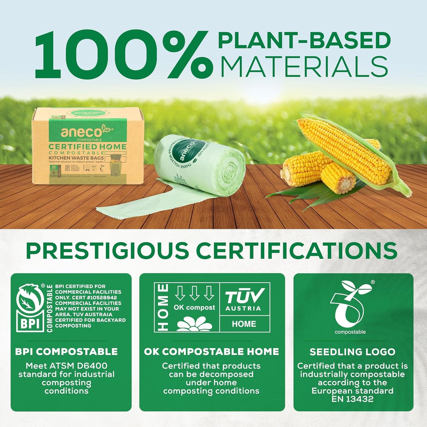 ANECO 8 Gallon Compostable Kitchen Food Waste Bags with Handles (30 Count), Leak-proof Compost Bags for Tall Kitchen Bin, Large 8 Gallon Bags Certified by BPI & OK Compost HOME