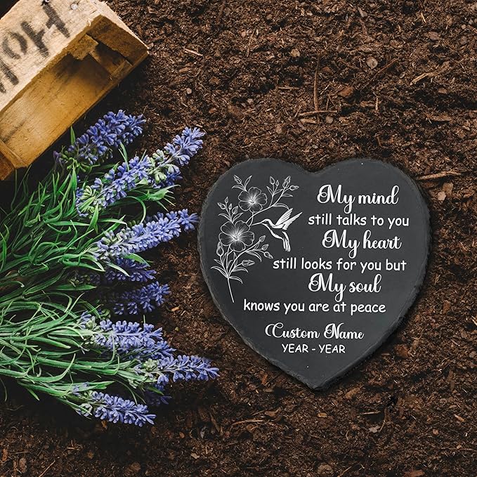 Generic Slate Memorial Stone Personalized, Hummingbird Stepping Stones Memorial Gifts for Loss of Loved One, Sympathy Stone, Memorial Plaque, My Mind Still Talks to You TNP42 (1, Heart) Gray