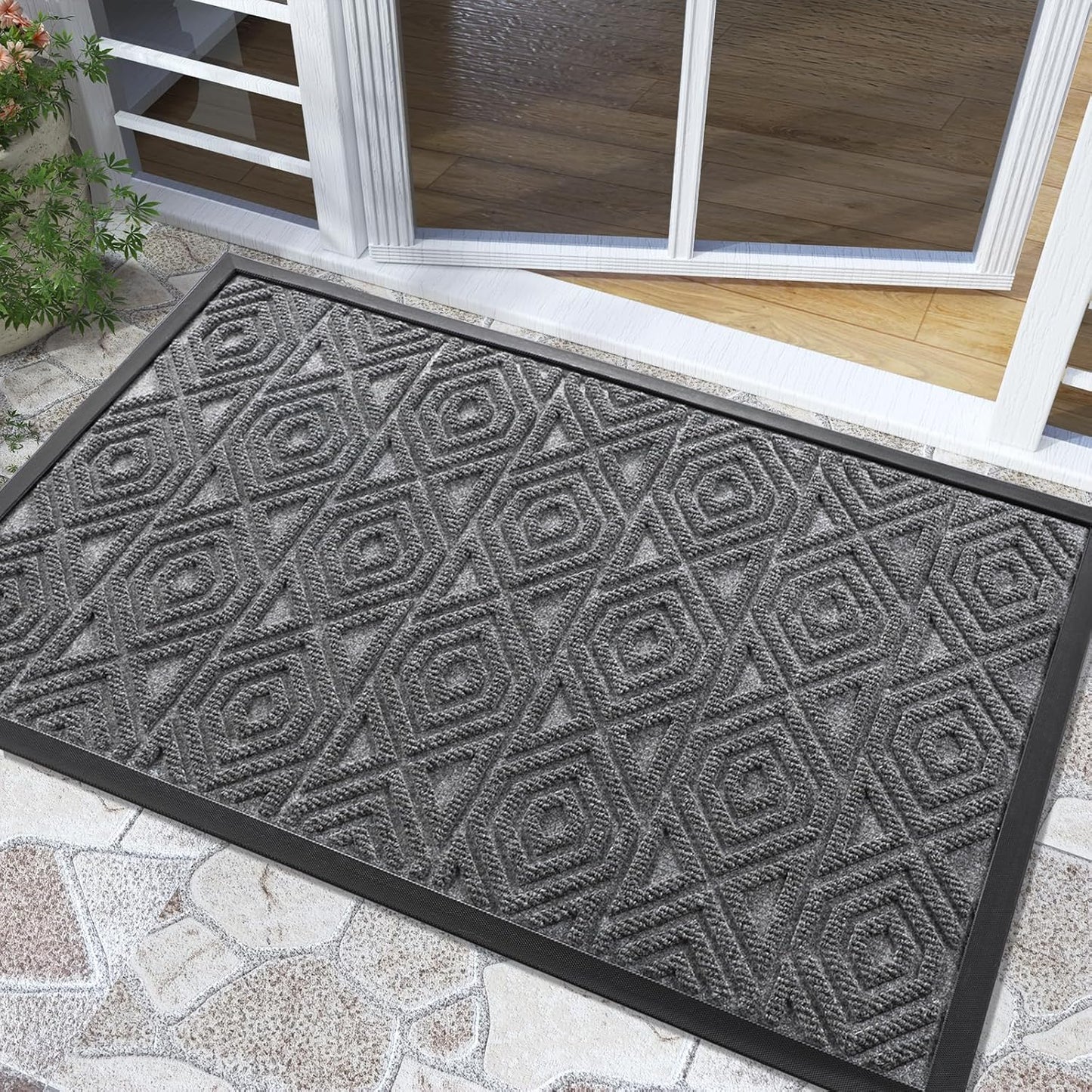Yimobra Door Mat, Outdoor Indoor Entrance Welcome Mat, Heavy Entry Front Door Mat, Stain & Fade Resistant, Low Profile, Sturdy Rubber, Easy Clean Patio Floor Mat, Waterproof, 36 x 24, Gray