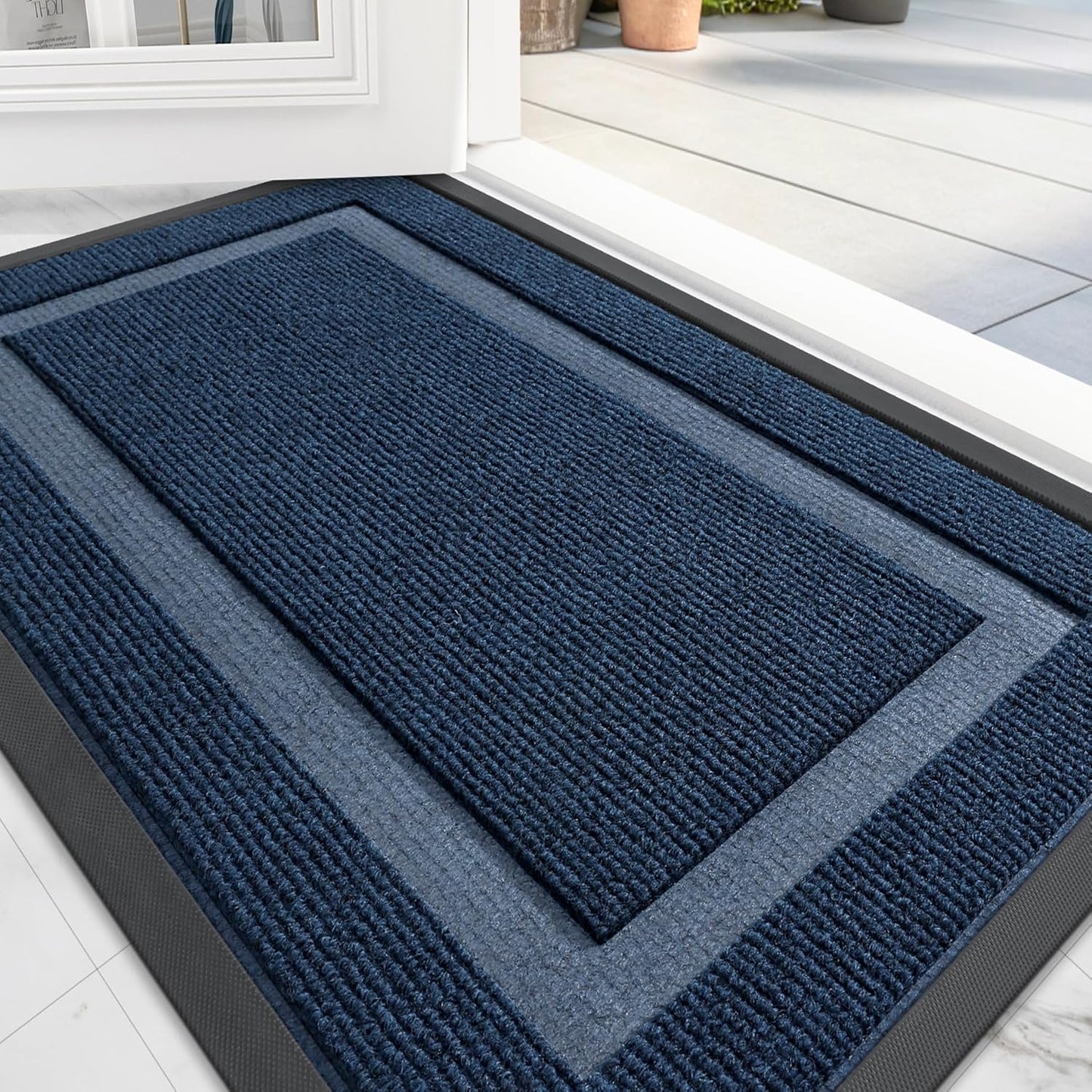 OLANLY Front Door Mat Indoor Outdoor Entrance, Waterproof All-Season, All-Weather Doormat, Sturdy Natural Rubber, Fade Resistant, Low Profile, Easy Clean Patio Porch Entryway Mat, 47x17, Blue