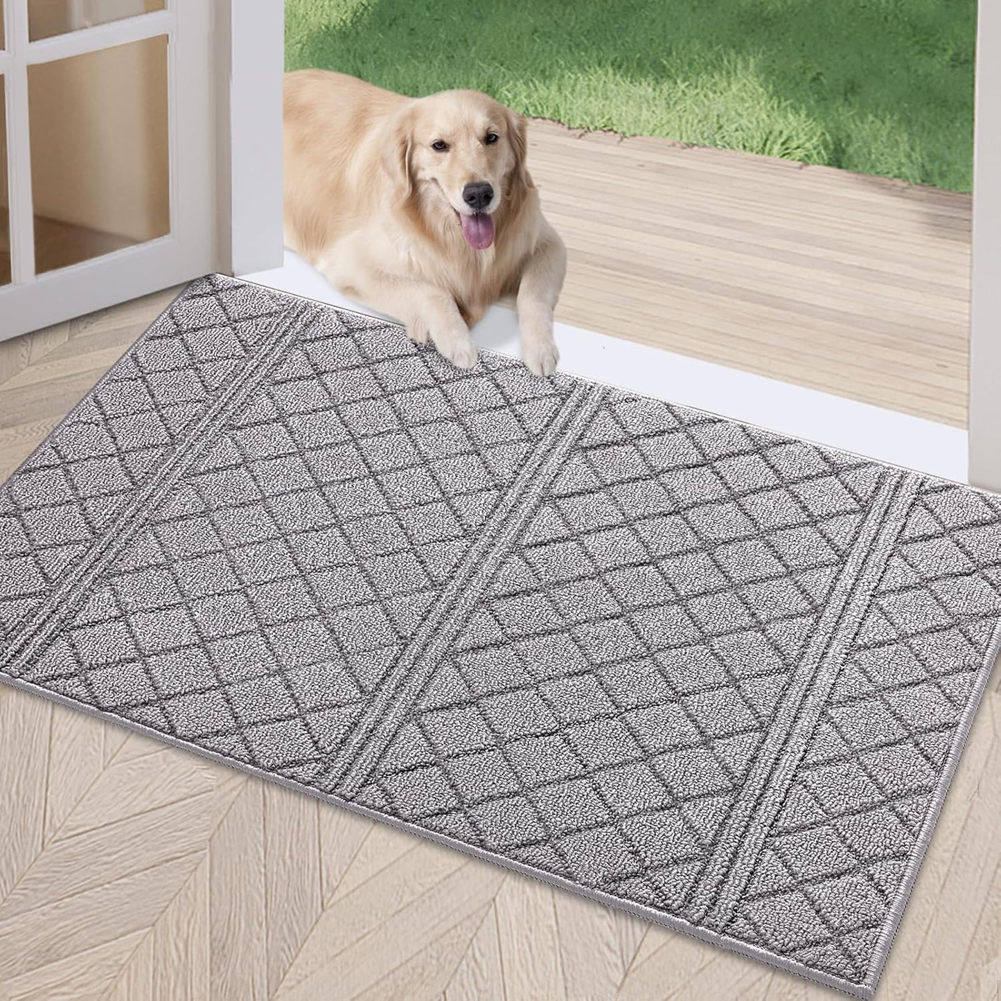 REFETONE Indoor Doormat, Front Back Door Mat 16"x24" Absorbent Rubber Backing Non Slip Door Mats, Low-Profile Resist Dirt Rugs, Machine Washable Door Rug Inside Floor Mat for Entryway, Light Grey
