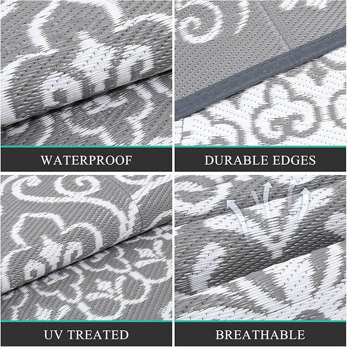 Pauwer Waterproof Outdoor Rug 6x9, Reversible Plastic Straw Patio Camping Rug, Indoor Outdoor RV Mat Carpet for Deck, Camper, Porch, Balcony, Backyard, Picnic, Floral Grey