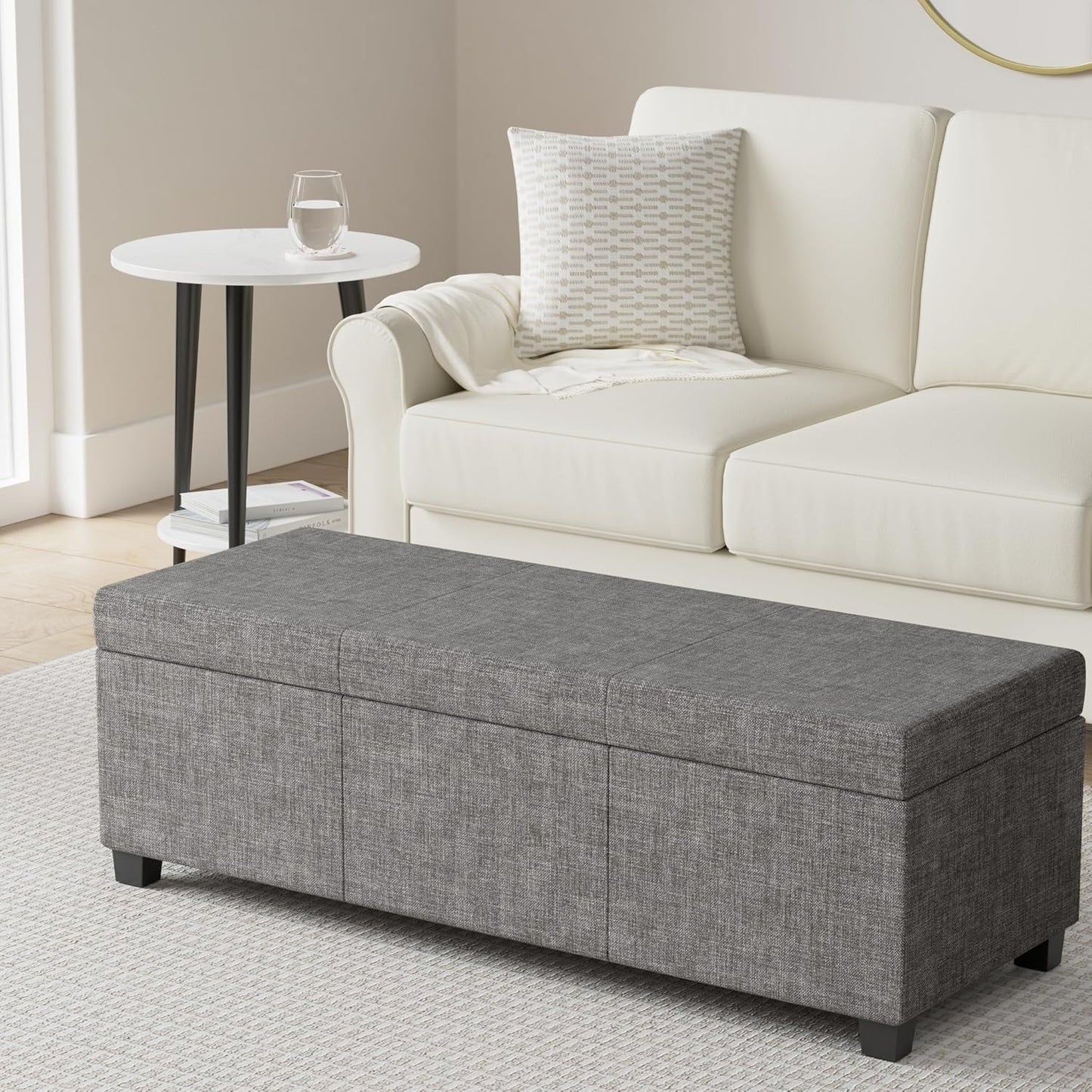 SIMPLIHOME Avalon 48 inch Wide Contemporary Rectangle Storage Ottoman Bench in Dark Grey Tweed Look Fabric, Assembled, For the Living Room, Entryway and Family Room