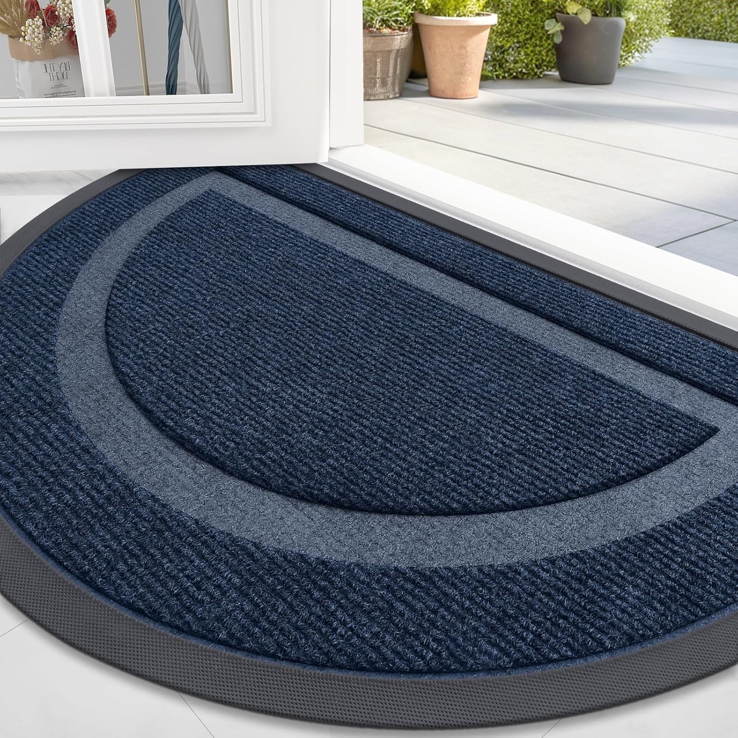 OLANLY Half Circle Door Mat Indoor Outdoor Entrance Welcome, Waterproof All-Season, All-Weather Doormat, Sturdy Natural Rubber, Low Profile, Easy Clean Patio Porch Entryway Mat, 47x32, Blue